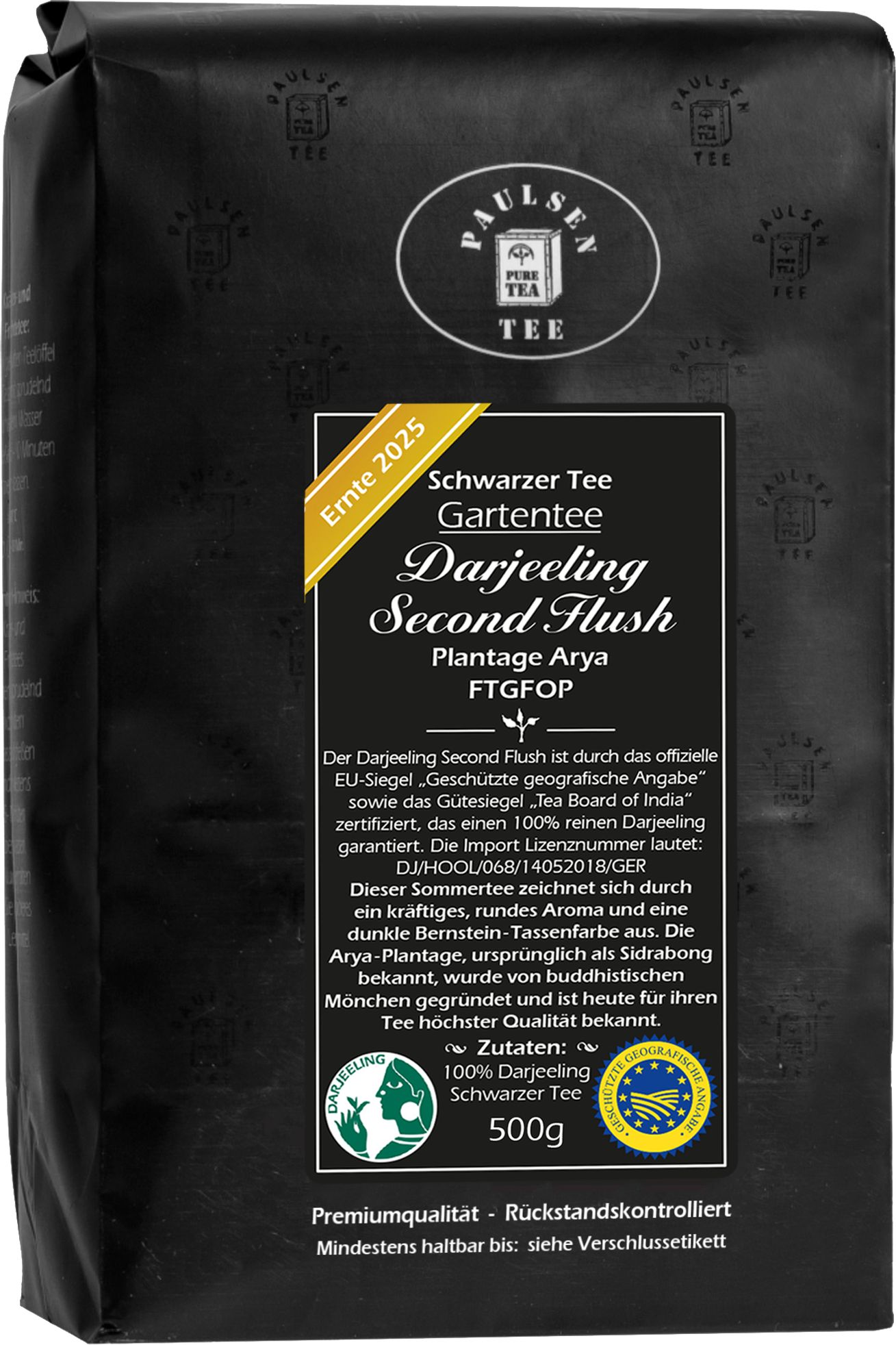 Schwarzer Tee Paulsen Darjeeling Second Flush FTGFOP1 Plantage Arya, Ernte 2025. Schwarze Verpackung.