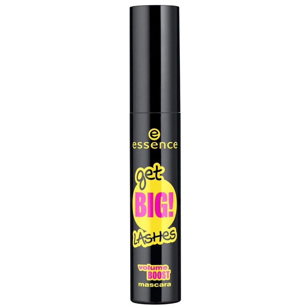 Schwarze Mascarahülse mit gelbem und pinkfarbenem Text. Schriftzug: get BIG! LASHES volume BOOST mascara. Marke: essence.