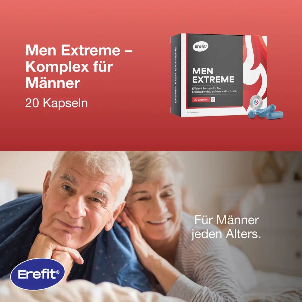 Produktverpackung Men Extreme. Text: Men Extreme - Komplex für Männer. 20 Kapseln.