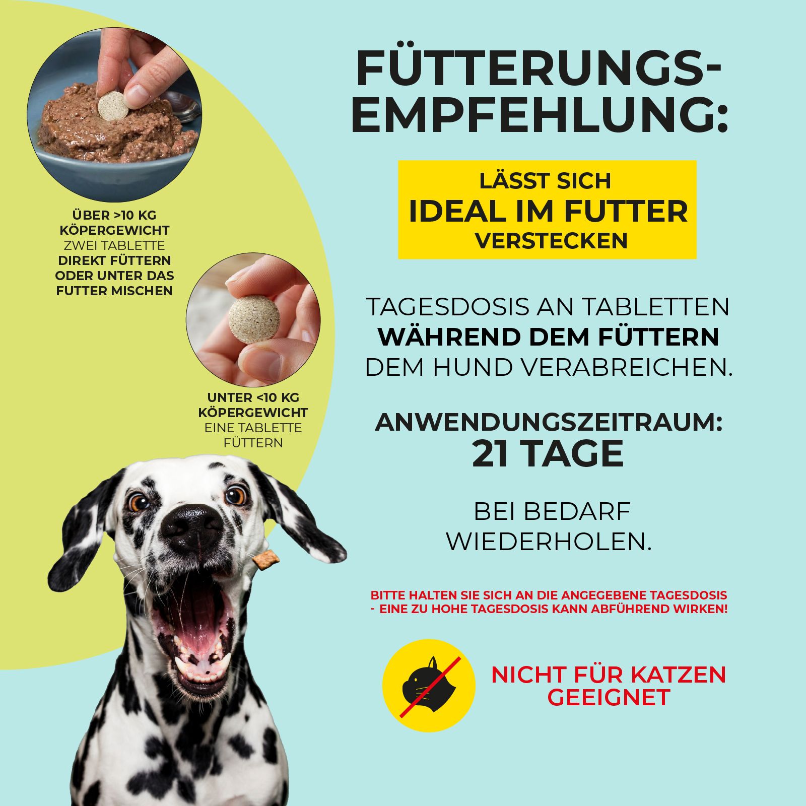 Tabletten in Futter, Text: Fütterungsempfehlung, 21 Tage, Nicht für Katzen geeignet. Hund mit Tabletten.