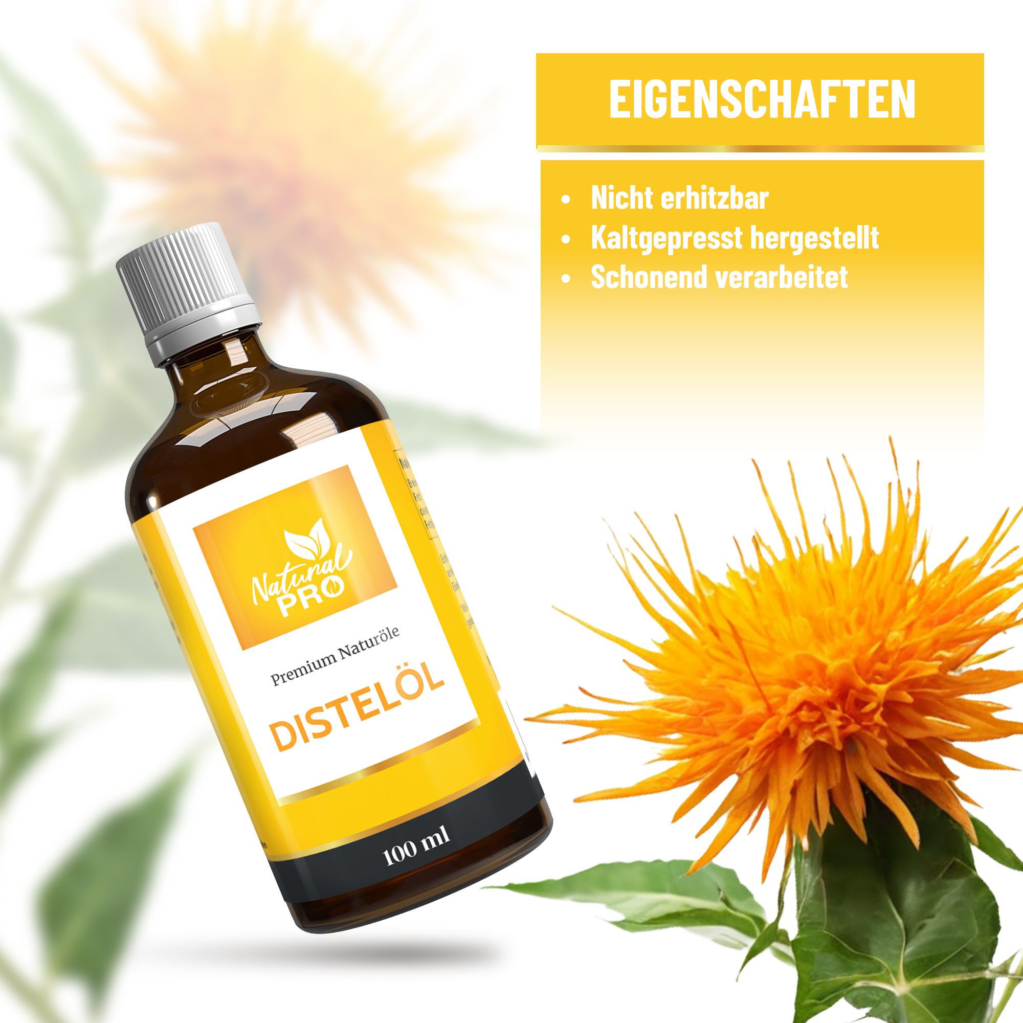 Braune Flasche Natural Pro Distelöl. Gelber Hintergrund mit Text: Eigenschaften: Nicht erhitztbar, kaltgepresst, schonend verarbeitet.