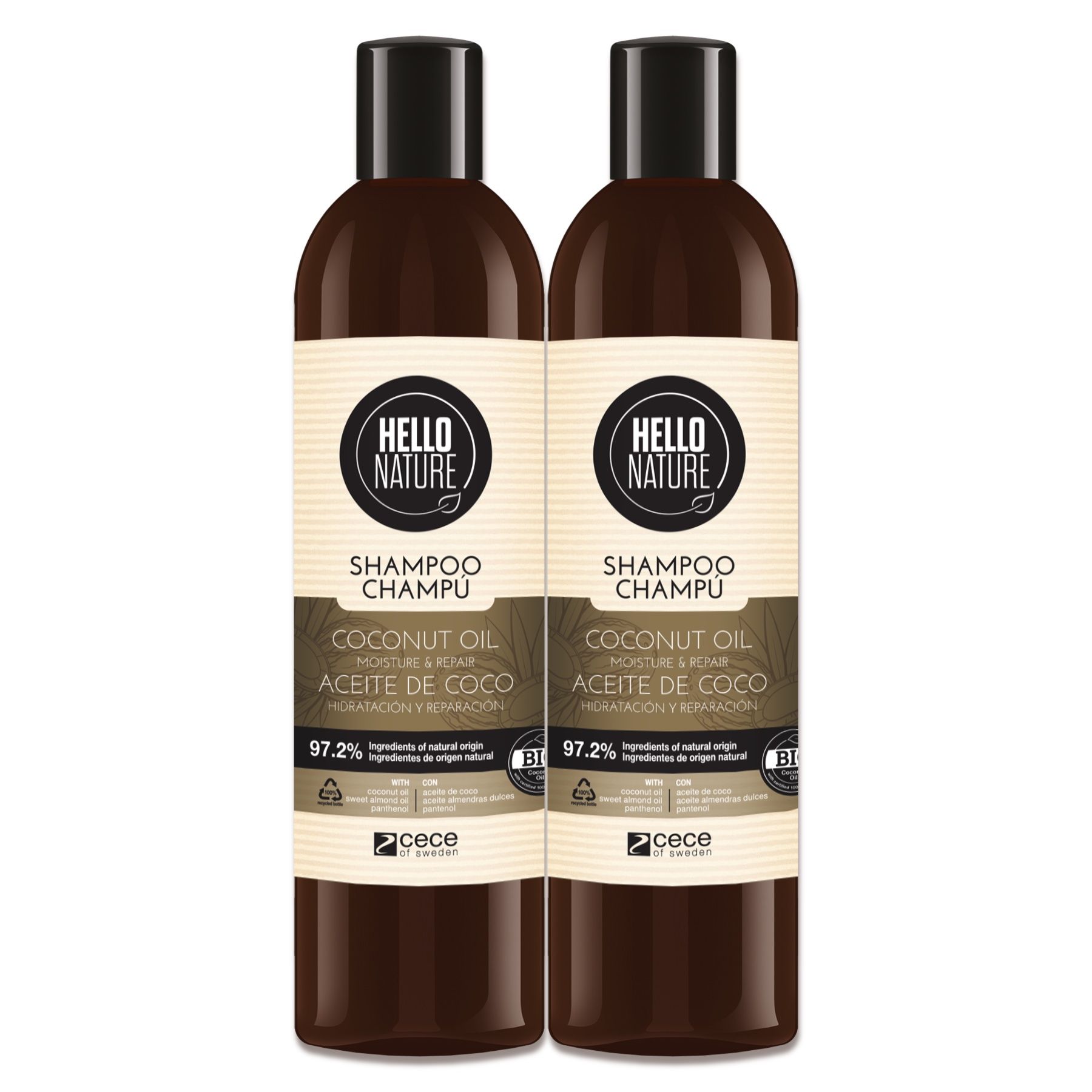 Zwei braune Shampoo-Flaschen. Aufschrift: Hello Nature, Shampoo. Kokosöl, Aceite de Coco. Bio-Zertifizierung.