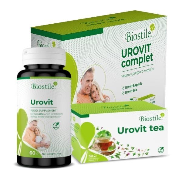 Biostile Urovit-Kapseln und Tee-Verpackung. Flasche mit Kapseln, Schachtel mit Teebeuteln. Grün-weißes Design.