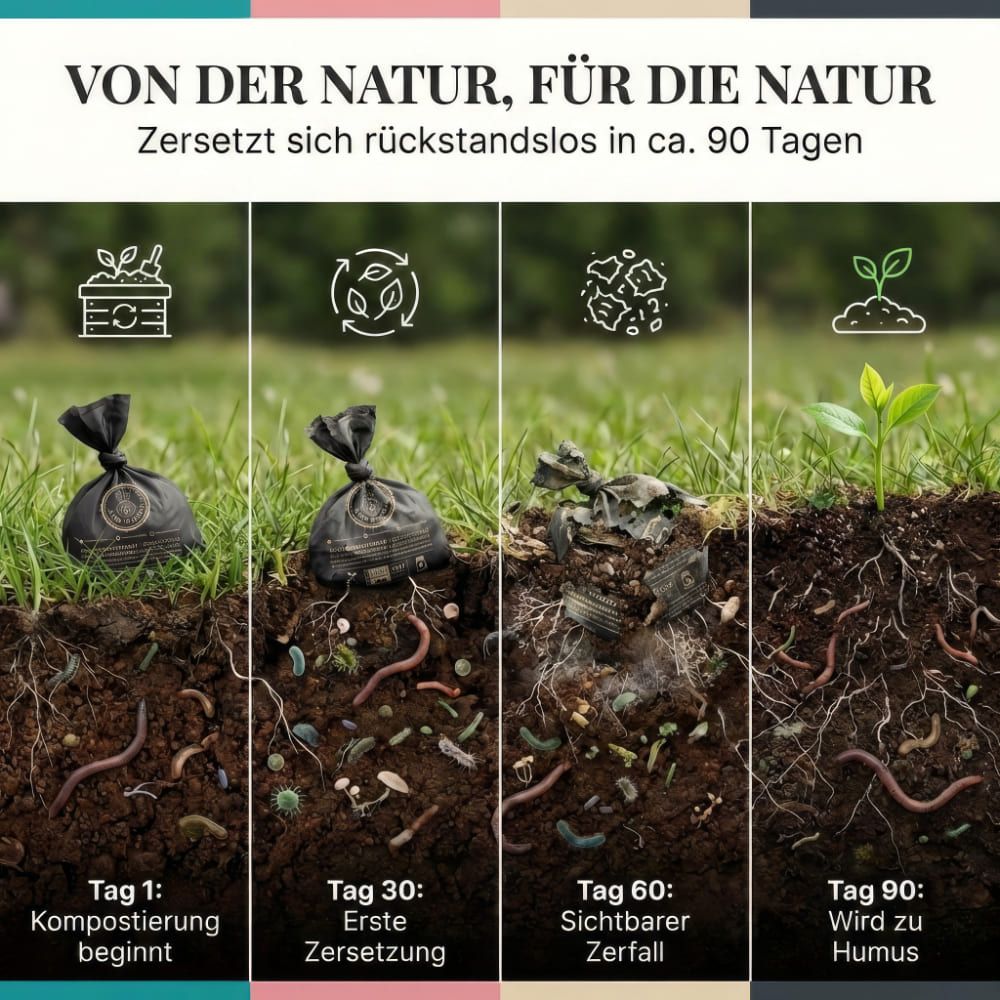 Vier Bilder zeigen den Zersetzungsprozess. Kotbeutel im Gras, dann im Boden. Text: 90 Tage.