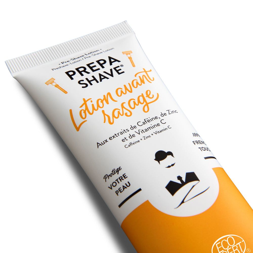 Nahaufnahme der Tube. Aufschrift: PREPA SHAVE Lotion avant rasage. Logo: Mann mit Bart. Inhaltsstoffe: Koffein, Zink, Vitamin C.