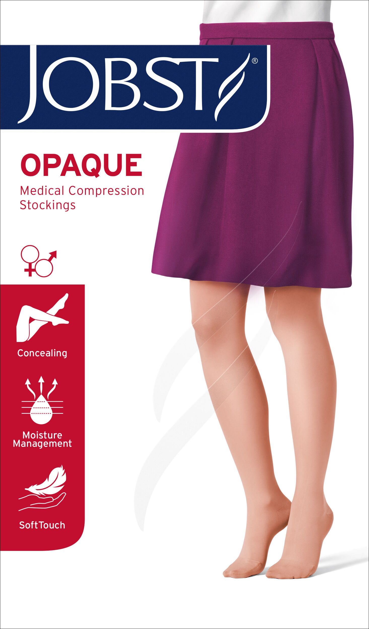 Verpackung von JOBST Opaque Kompressionsstrümpfen. Produktname, medizinische Kompressionsstrümpfe. Farbige Illustrationen.