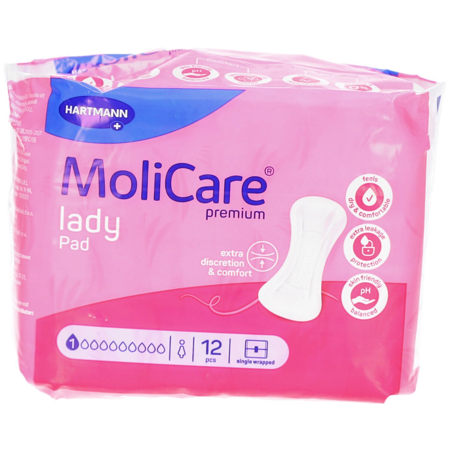 Rosa Verpackung von MoliCare® premium lady Pad. 12 Stück. Einzeln verpackt. Hartmann Logo. Aufdruck: extra diskret & komfort.