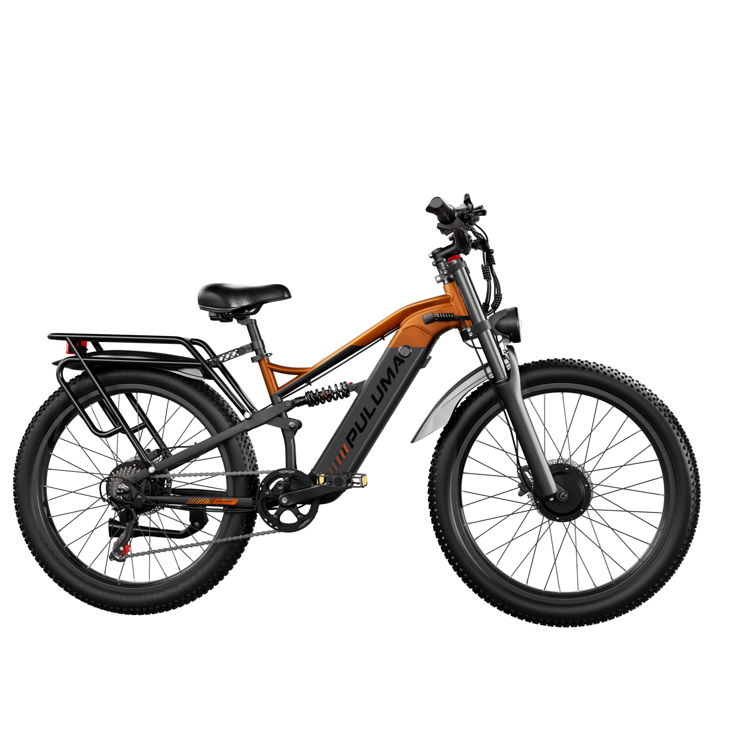 Elektrofahrrad PULUMA PE86 Pro mit Doppelmotor. Orangefarbener Rahmen, schwarze Reifen und Gepäckträger. Sichtbare Federung.