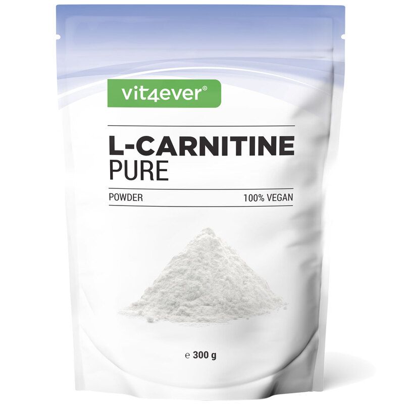 Beutel mit weißem Pulver. Aufschrift: L-Carnitin Pure, 100% vegan. Marke: vit4ever. Unten: e 300 g.