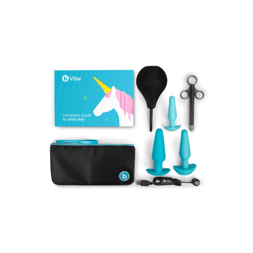 Set mit Trainingsplugs, Zubehör, Tasche, Anleitung und Reinigungsgerät. Blau und schwarz. Verpackung mit Einhorn.
