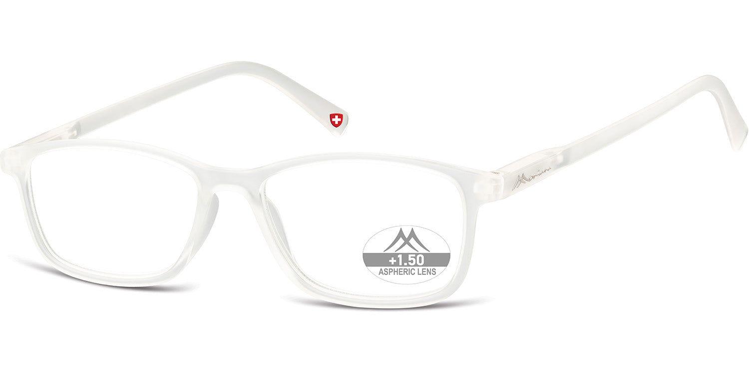 Brille mit weißem Rahmen. Auf dem rechten Bügel ein rotes Herz. Auf dem linken Glas steht "+1,50".