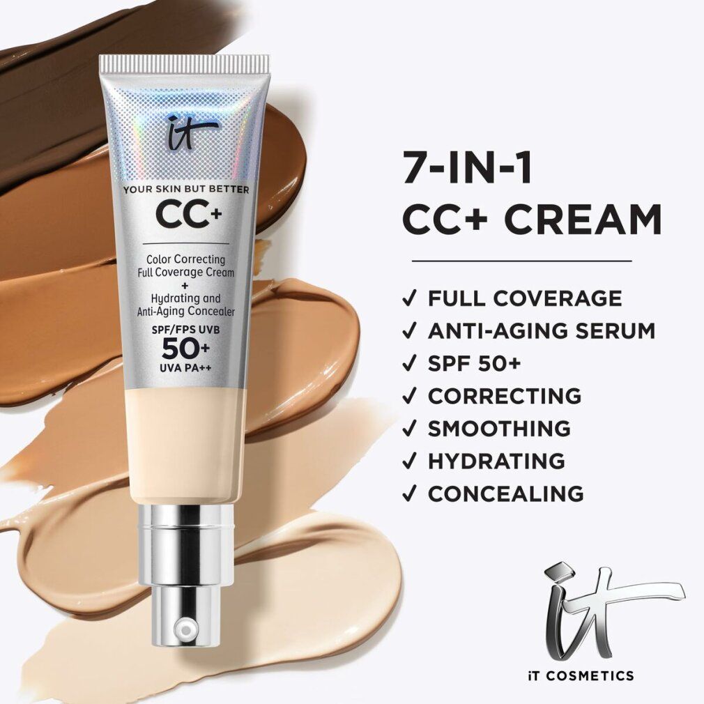 CC+ Creme Tube mit Farbmustern. Text: 7-IN-1 CC+ CREAM, SPF 50+, IT Cosmetics Logo.
