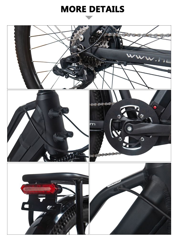 Detailansichten eines schwarzen E-Bikes. Zeigt Kette, Bremse, Rücklicht und andere Komponenten.