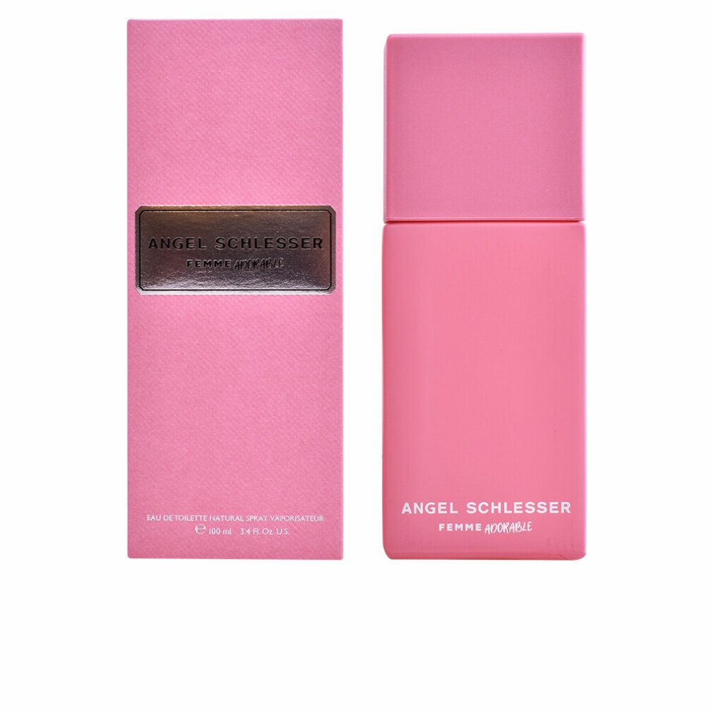 Rosa Flakon und Verpackung. Aufschrift: Angel Schlesser Femme Adorable. Eau de Toilette.