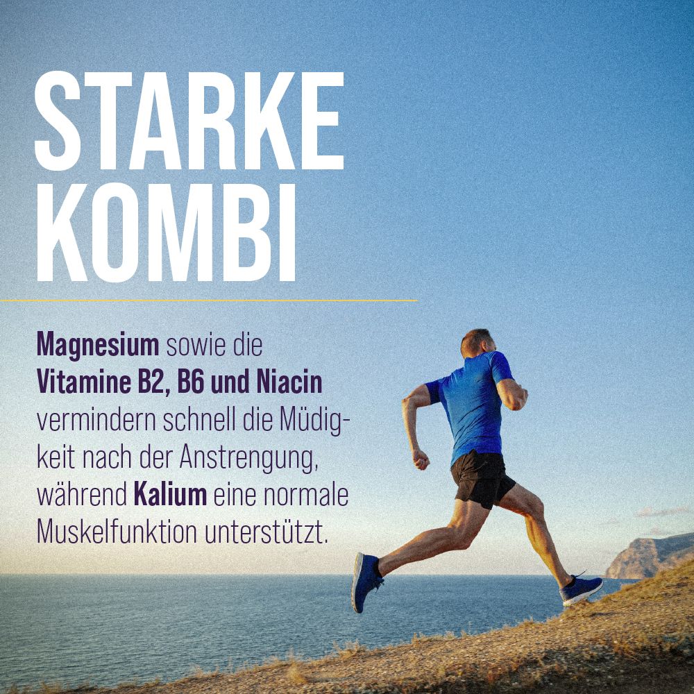 Mann rennt bergauf. Text: Starke Kombi. Magnesium, Vitamin B2, B6, Niacin reduzieren Müdigkeit, Kalium unterstützt Muskelfunktion.