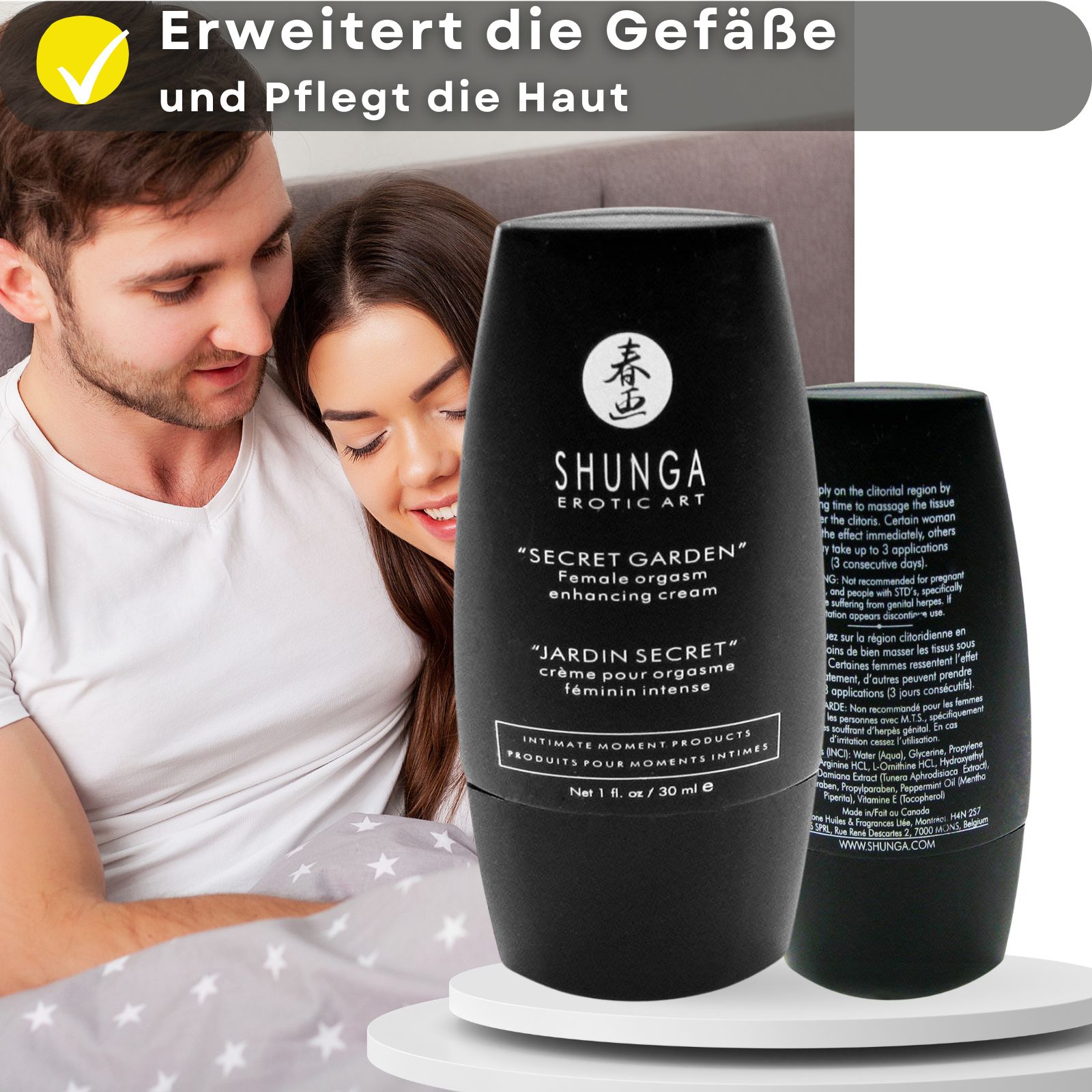 Produktflasche mit Text und Paar. Marke: Shunga.