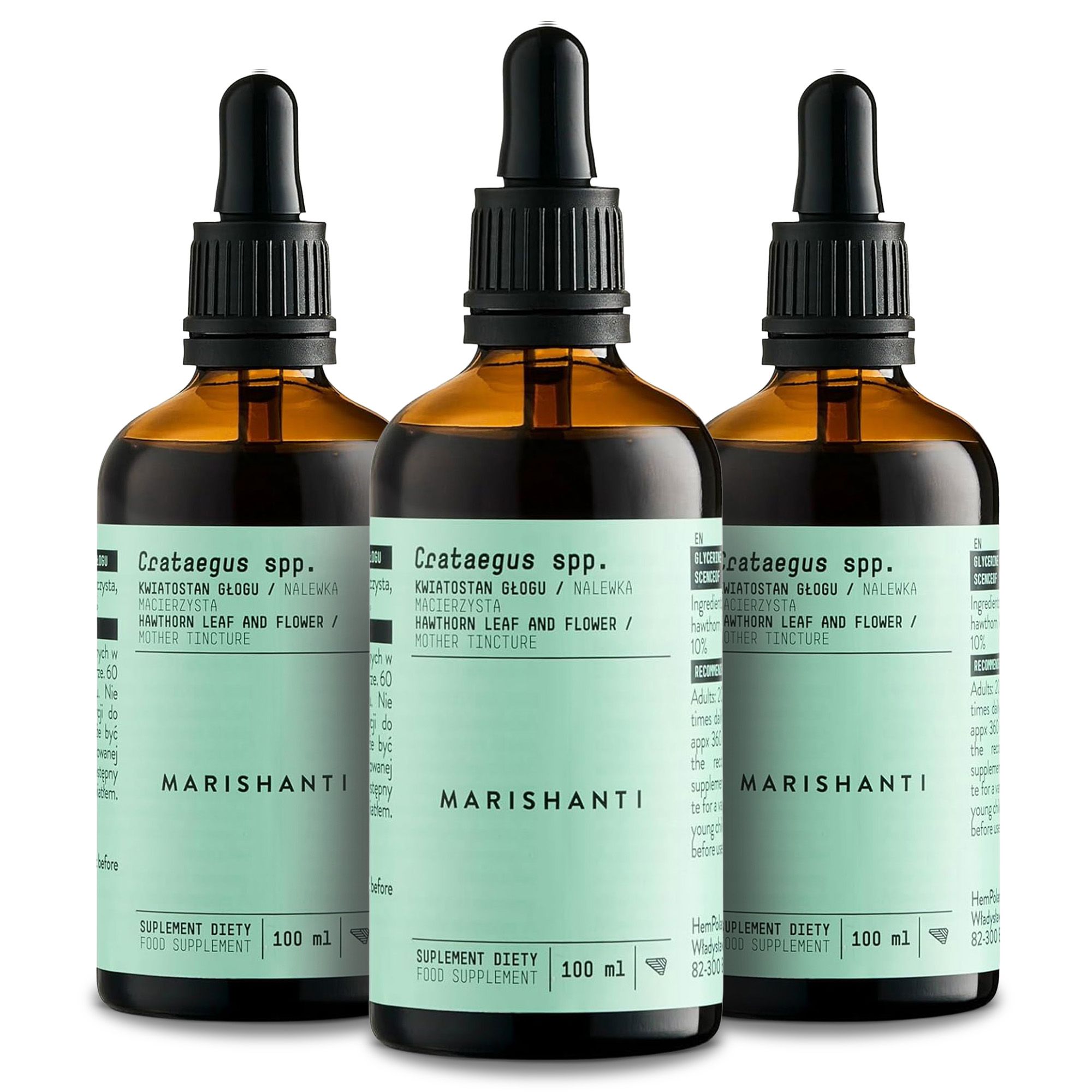 Drei braune Glasflaschen mit Tropfern. Marishanti Weißdorn Extrakt. Text auf Etikett: Crataegus spp. 100 ml.