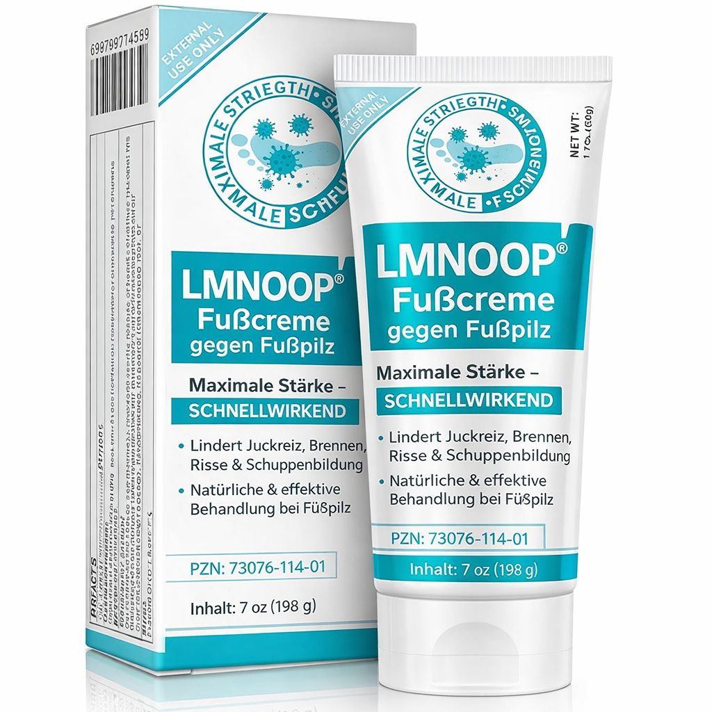 Tube und Verpackung von LMNOOP Fußcreme gegen Fußpilz. Weiße Tube mit blauer Schrift. Verpackung mit Produktinformationen.