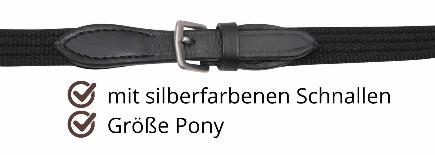 Nahaufnahme eines schwarzen Gurtzügels mit silberfarbener Schnalle. Text: mit silberfarbenen Schnallen, Größe Pony.