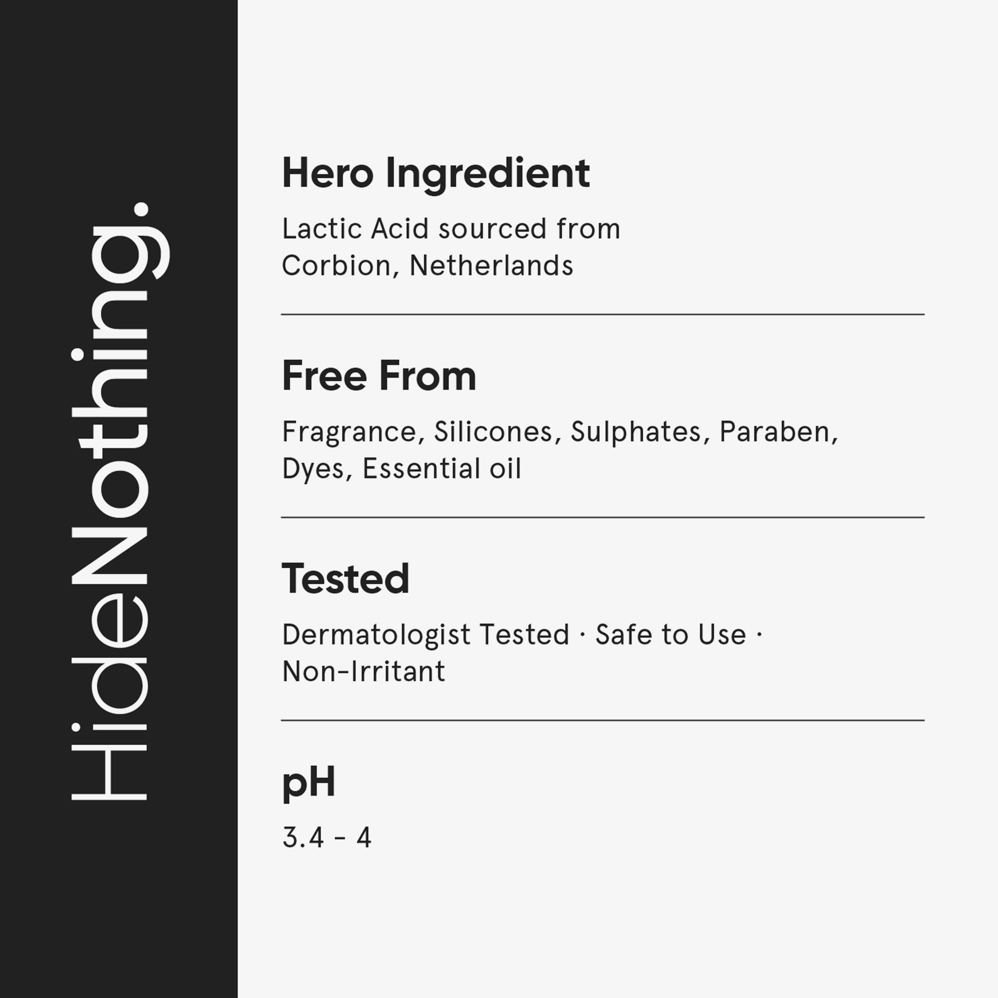 Text auf grauem Hintergrund. Informationen zu Inhaltsstoffen und pH-Wert. Enthält Milchsäure, frei von Duftstoffen, Silikonen, Sulfaten.