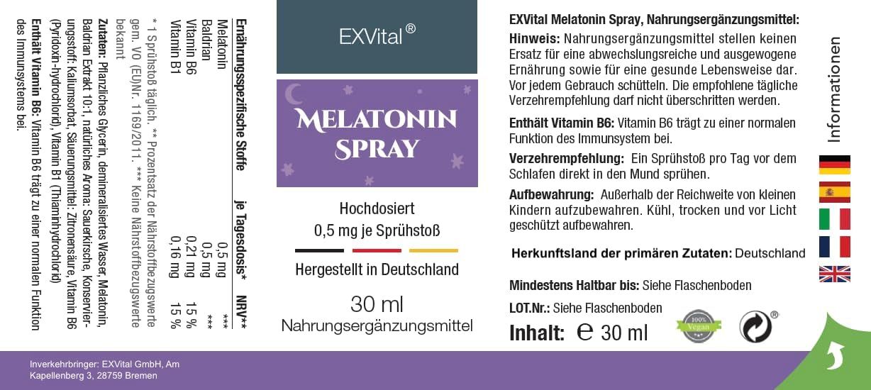 Etikett des EXVital Melatonin Sprays mit Nährwertangaben und Anwendungshinweisen.