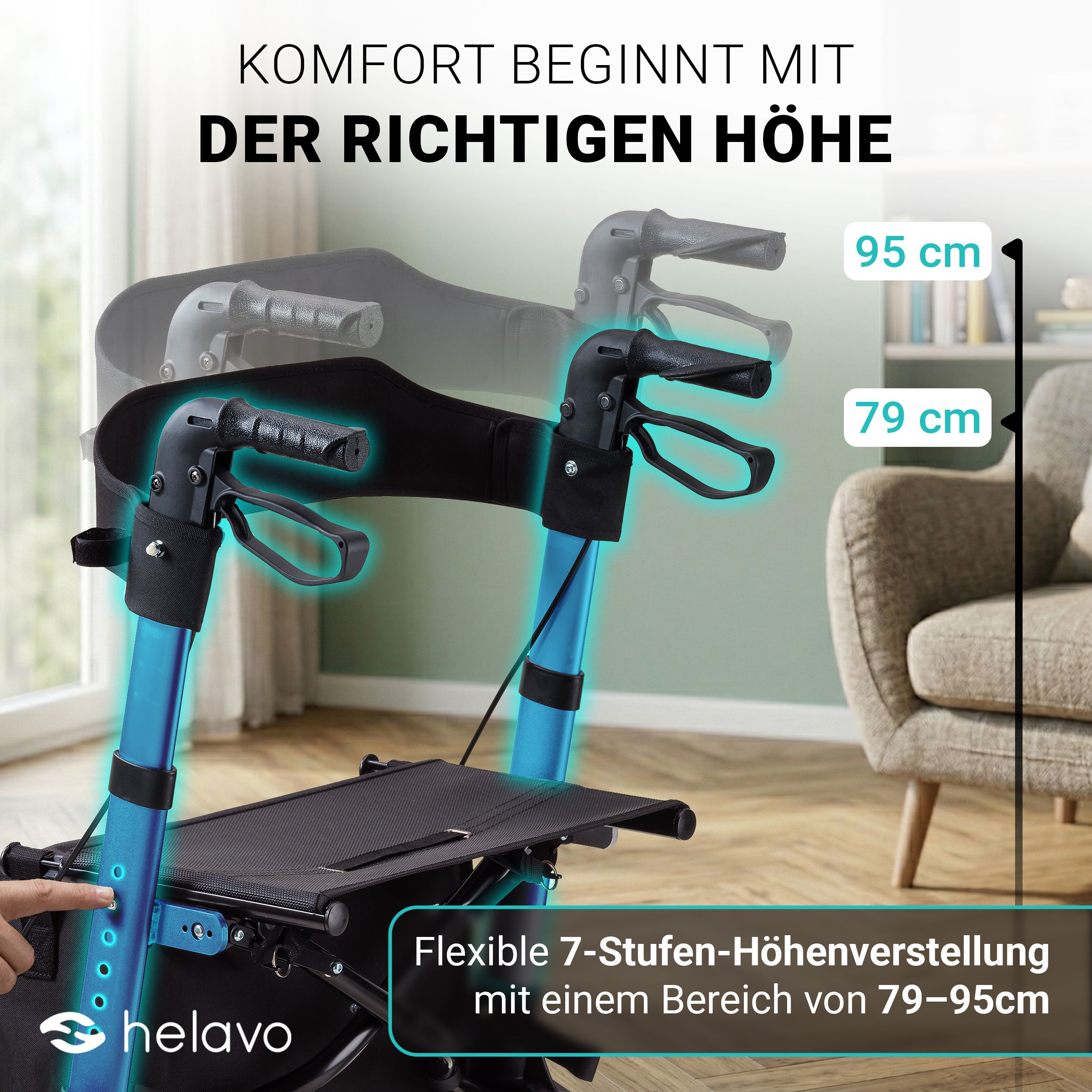 Höhenverstellung eines Rollators von 79 cm bis 95 cm in 7 Stufen.
