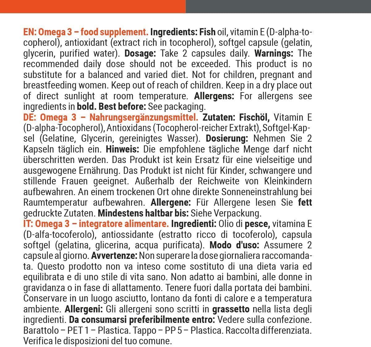 Rückseite eines GymBeam Omega 3 Behälters mit Nährwertangaben und Inhaltsstoffen.
