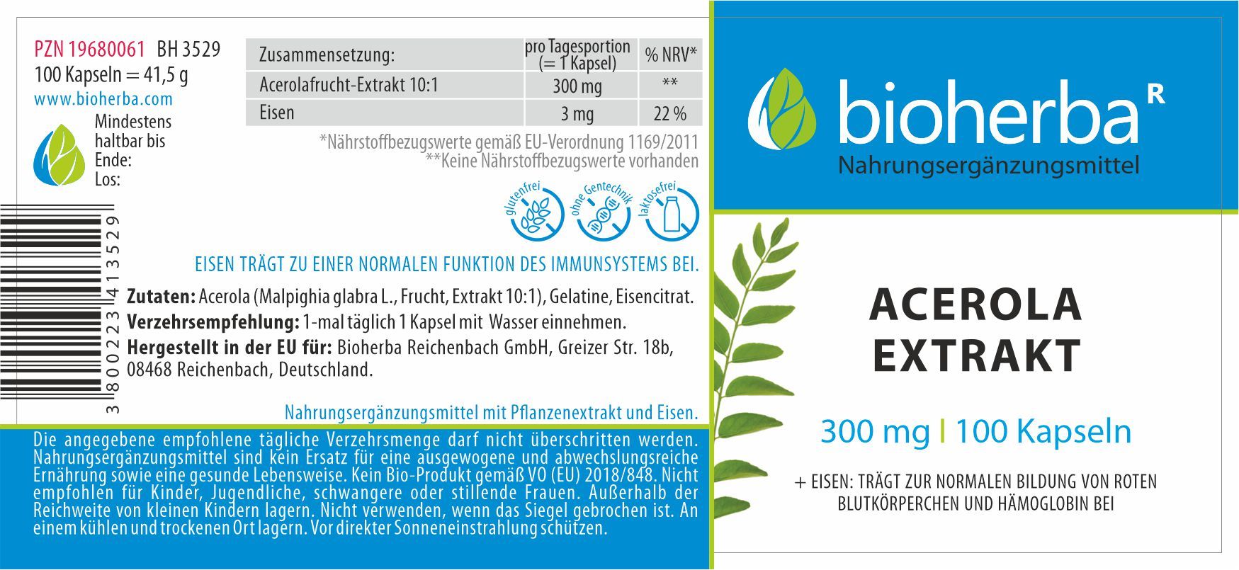 Etikett mit Produktinformationen. Enthält Text: Acerola Extrakt, 300 mg, 100 Kapseln. Marke: Bioherba. Enthält Nährwertangaben und Inhaltsstoffe.