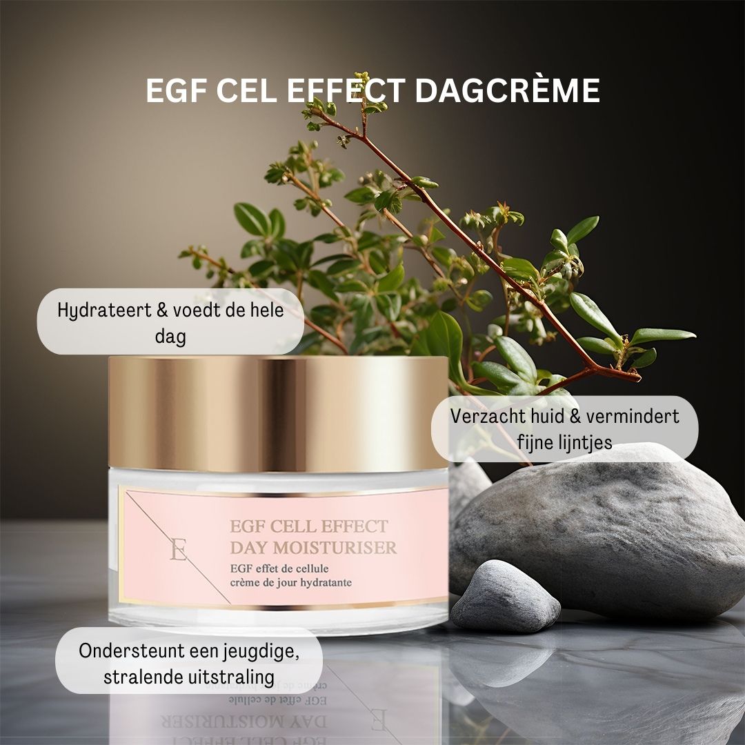Creme-Tiegel mit goldfarbenem Deckel und rosa Etikett. Text: EGF Cell Effect Day Moisturiser. Hintergrund: Pflanzen und Steine.