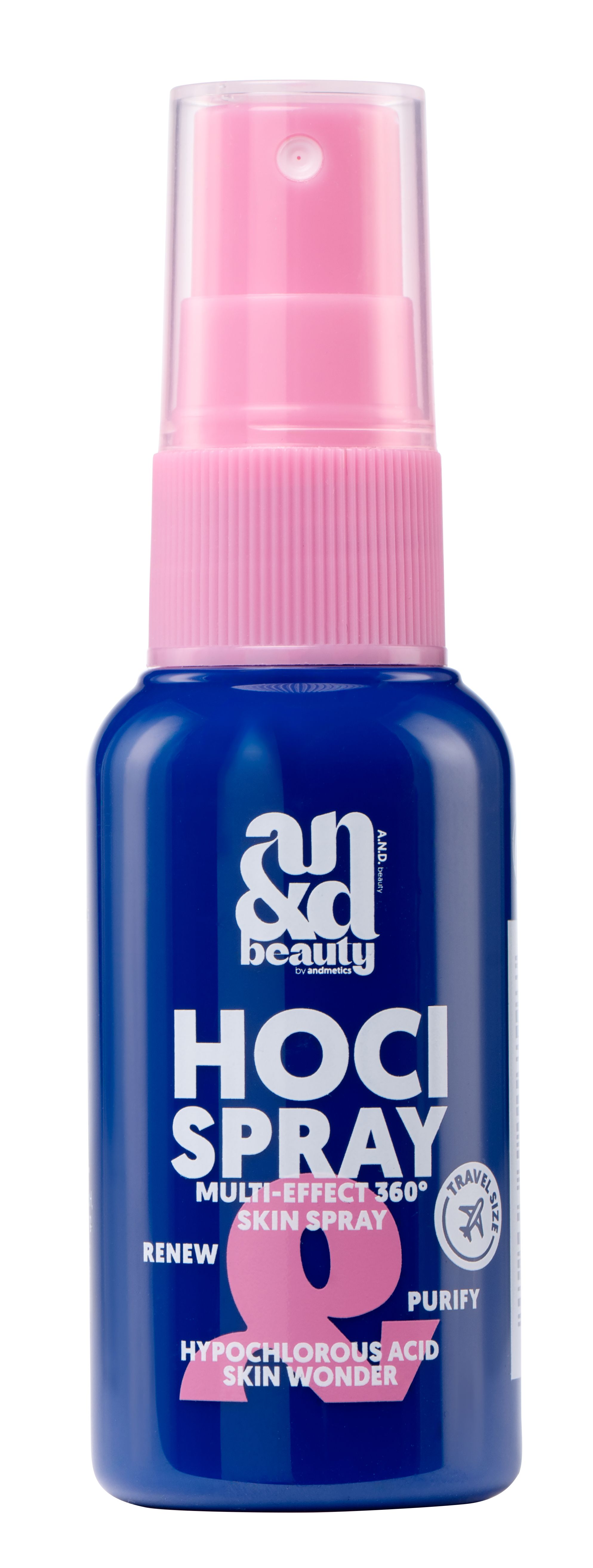 Blauer Sprühflakon mit rosa Sprühkopf und Verschluss. Aufschrift: A.N.D.beauty HOCl SPRAY.
