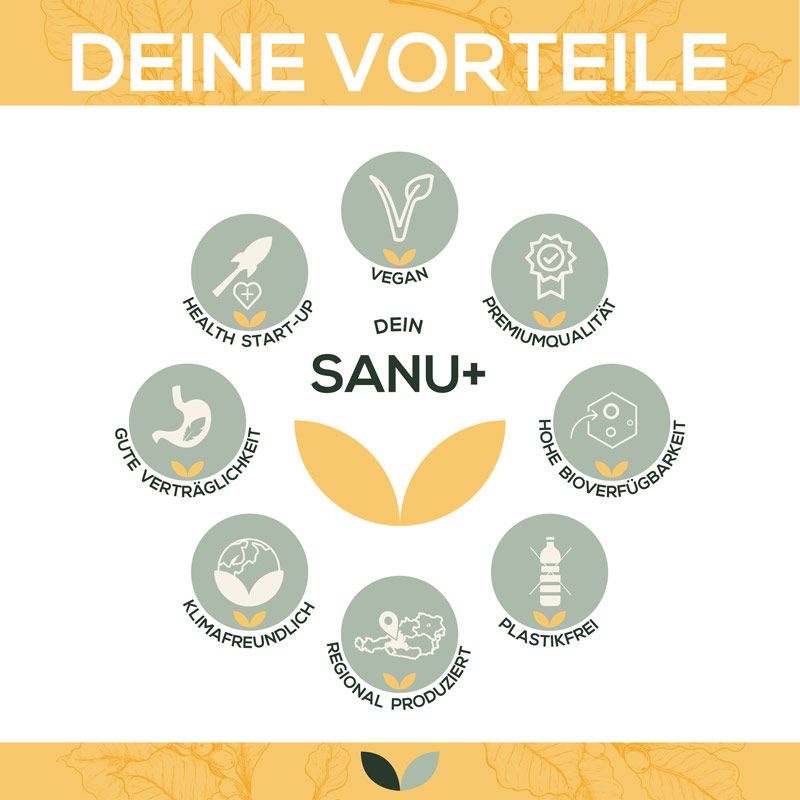 Infografik mit Icons: Vegan, Premiumqualität, gute Verträglichkeit, klimafreundlich, regional produziert, plastikfrei. Text: Dein SANU+.