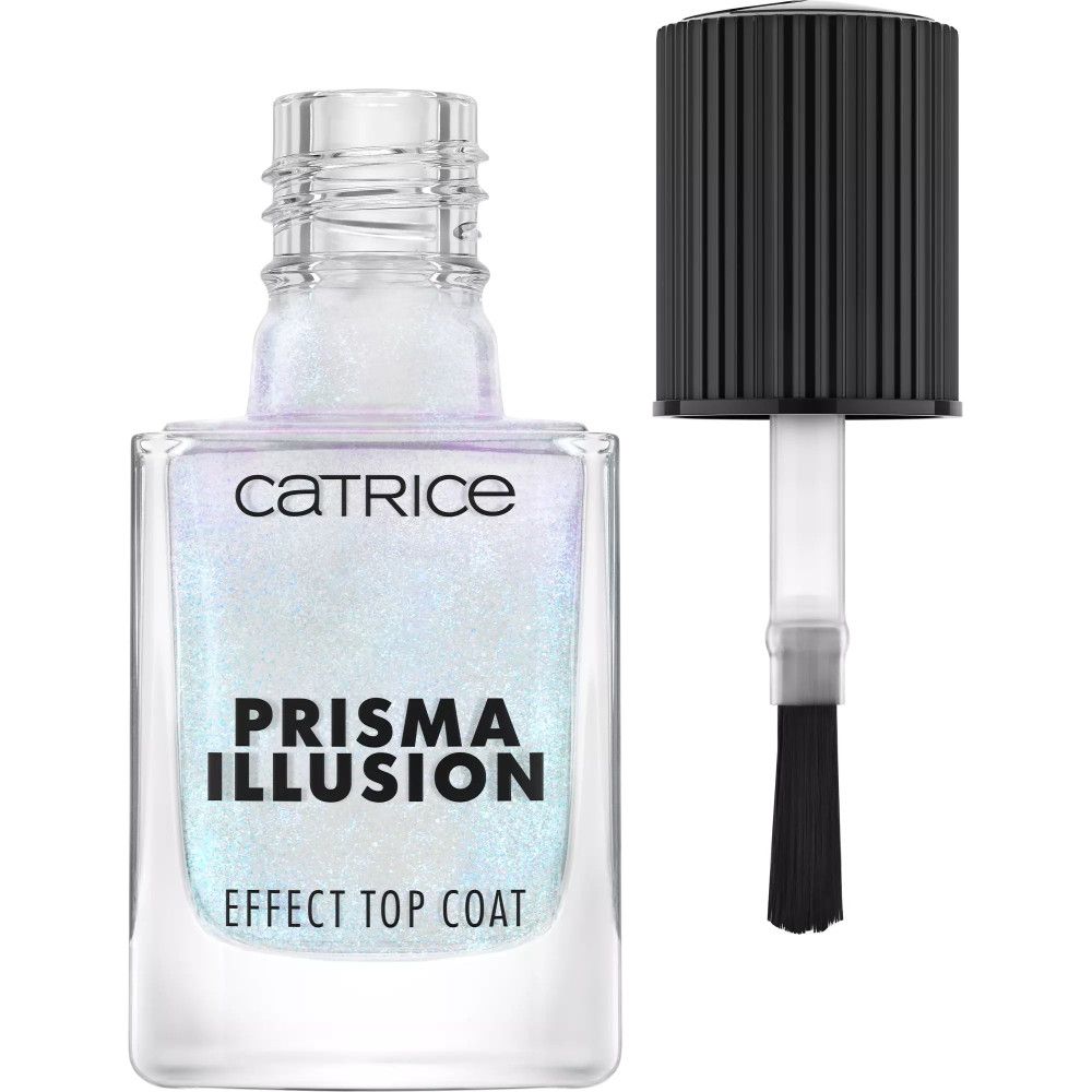 Catrice Prisma Illusion Effekt Top Coat. Geöffnete Flasche mit Pinsel. Klarer Lack mit schimmerndem Effekt. Produktname deutlich sichtbar.