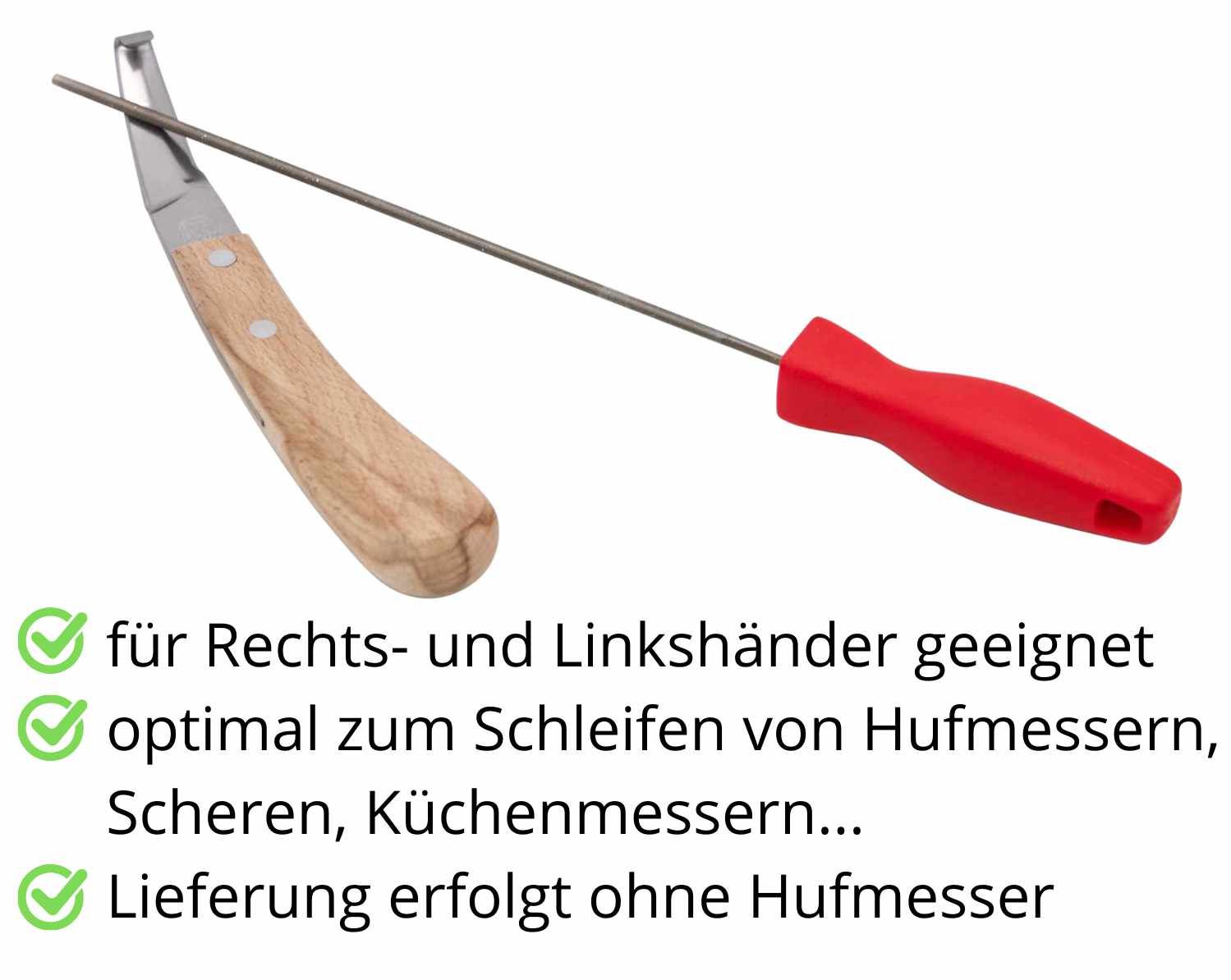 Schärfstab und Messer. Text: für Rechts- und Linkshänder geeignet, optimal zum Schleifen von Hufmessern, Scheren, Küchenmessern...