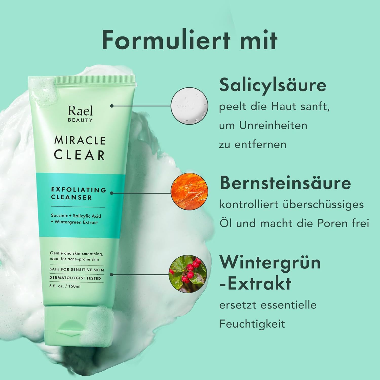 Produkt mit Inhaltsstoff-Grafiken. Text: Salicylsäure, Bernsteinsäure, Wintergrün-Extrakt. Beschreibungen der Inhaltsstoffe und deren Wirkung.