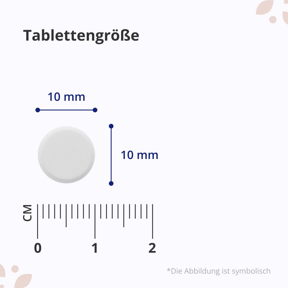 Nahaufnahme einer Tablette. Abmessungen: 10 mm x 10 mm. Lineal mit Zentimetern. Text: Tablettengröße. Text: Die Abbildung ist symbolisch.