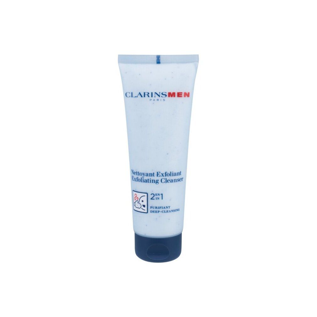 Weiße Tube mit blauem Deckel. Aufschrift: CLARINS MEN, Nettoyant Exfoliant, 2 in 1. Produkt für Herren.