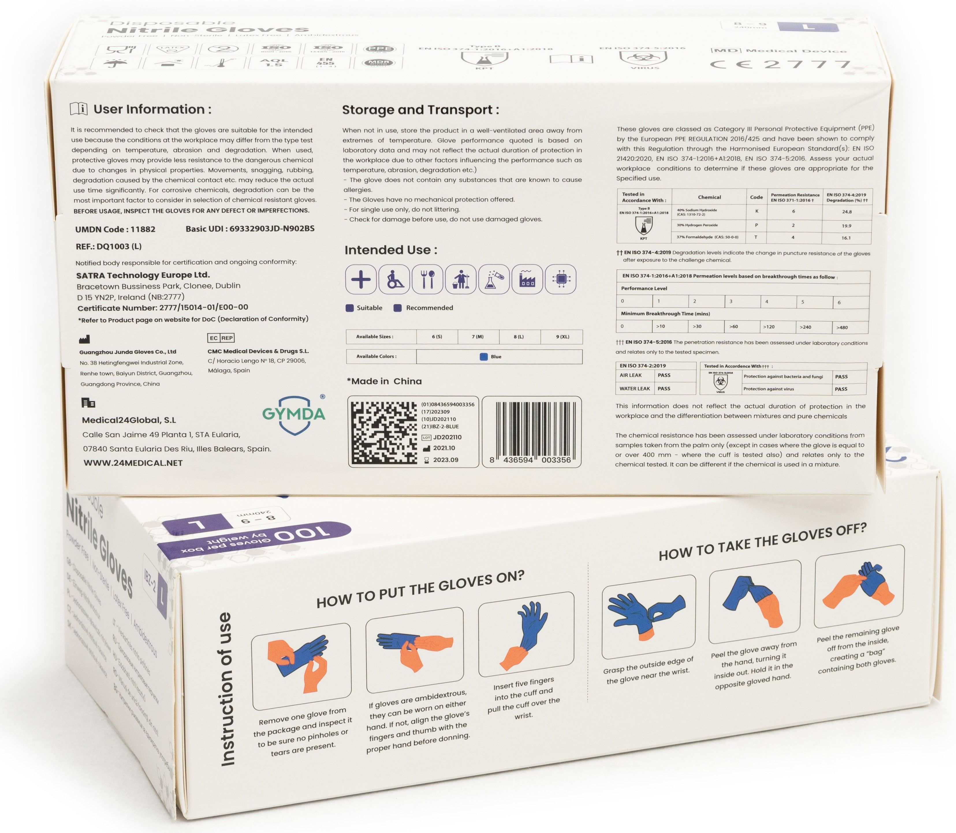 Rückseite von zwei Kartons 24MEDICAL IBZ-2 Nitril Handschuhe. Informationen zu Lagerung, Gebrauchsanweisung und Zertifizierungen.