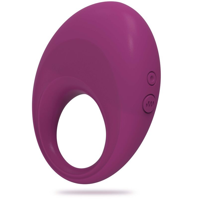 Lila Vibro-Penisring aus Silikon mit zwei seitlichen Tasten, ovaler Aussparung und abgerundeter Oberseite.