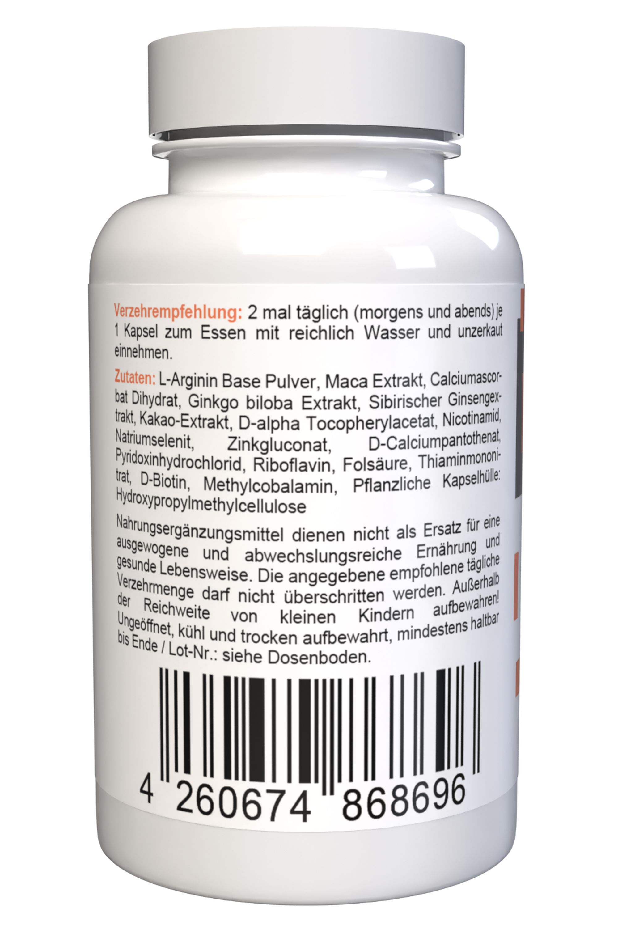 Rückseite der weißen Kapsel-Dose. Text mit Zutaten, Verzehrempfehlung, Warnhinweisen und Barcode. Mindesthaltbarkeit.