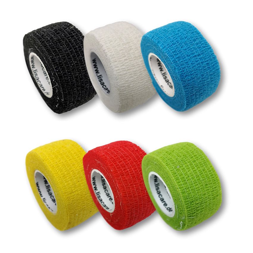 Sechs Rollen kohäsive Bandage in den Farben Schwarz, Weiß, Blau, Gelb, Rot und Grün.