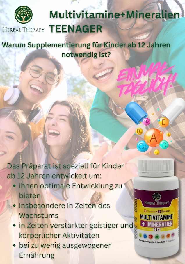 Gruppe von Teenagern, Flasche Herbal Therapy Multivitamine + Mineralien 12+. Text: Warum Supplementierung für Kinder ab 12 Jahren notwendig ist?