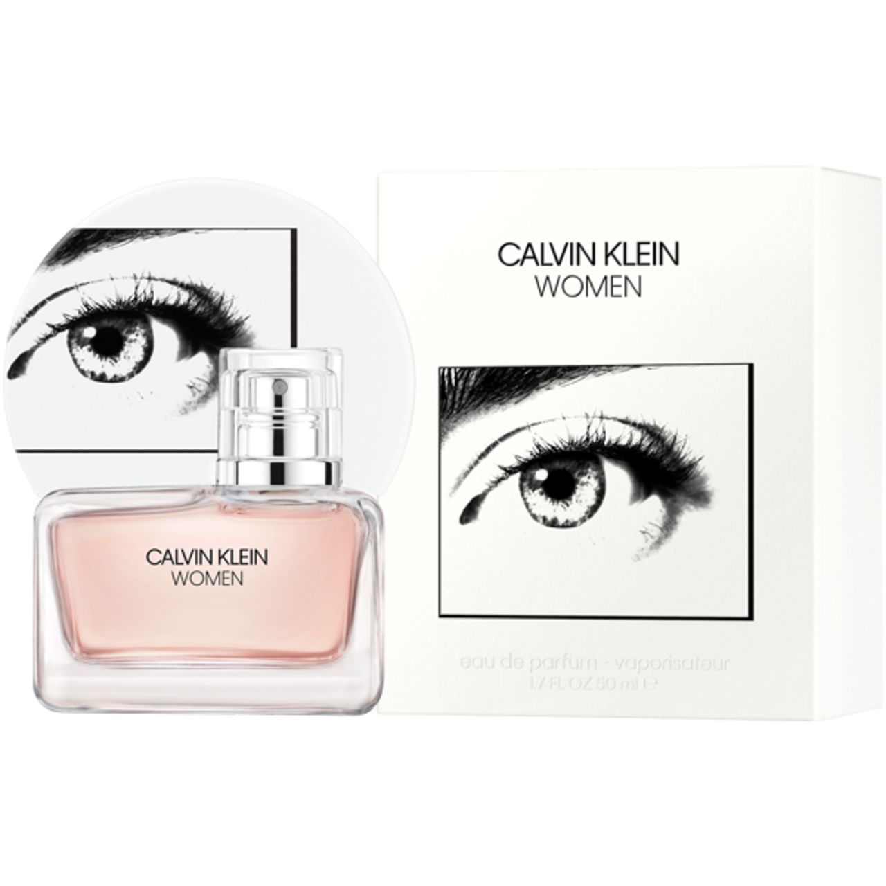 Calvin Klein Women Flakon und Verpackung. Rosa Flüssigkeit. Silberner Zerstäuber. Weißer Hintergrund.