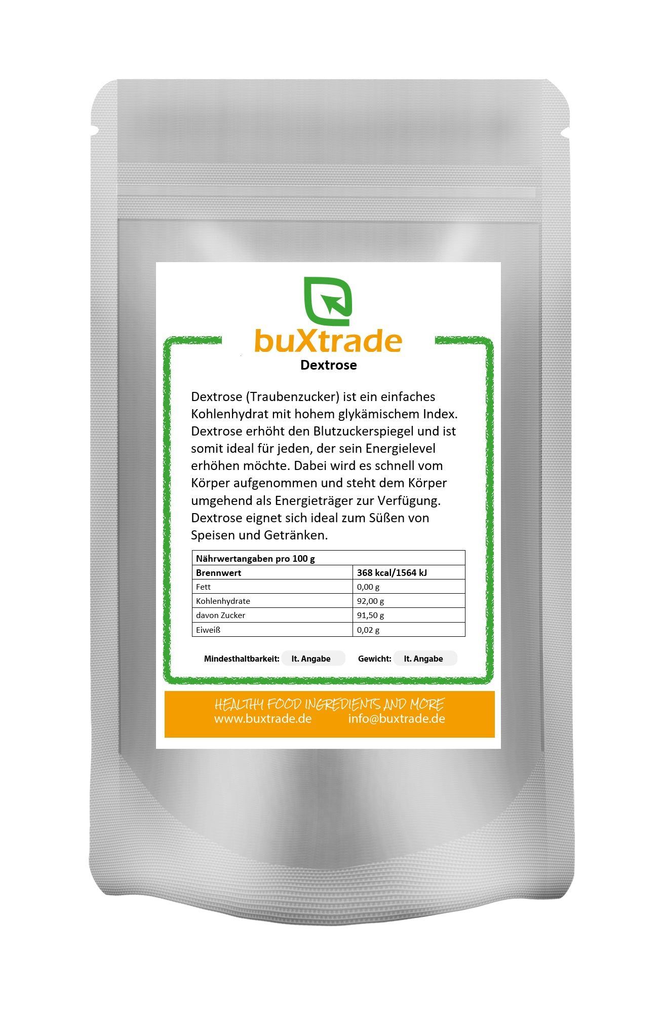 Verpackung mit Etikett. Text: buXtrade, Dextrose. Grün umrandetes Etikett mit Text und Nährwertangaben.