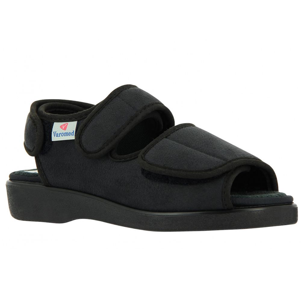 Schwarze Varomed Sandale mit Klettverschluss und offener Zehenpartie.