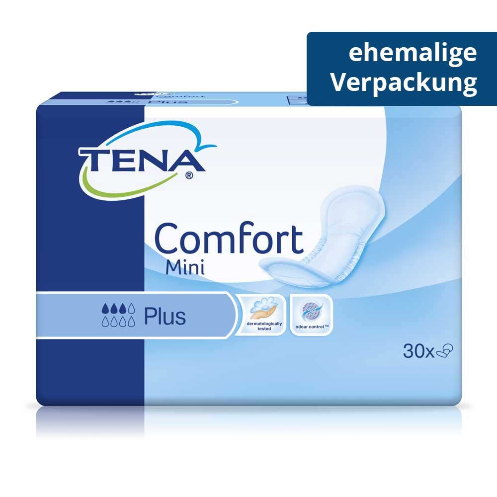 Verpackung von TENA Comfort Mini Plus. Enthält 30 Stück. Produktname und Logo. Blaue und weiße Farbgebung.