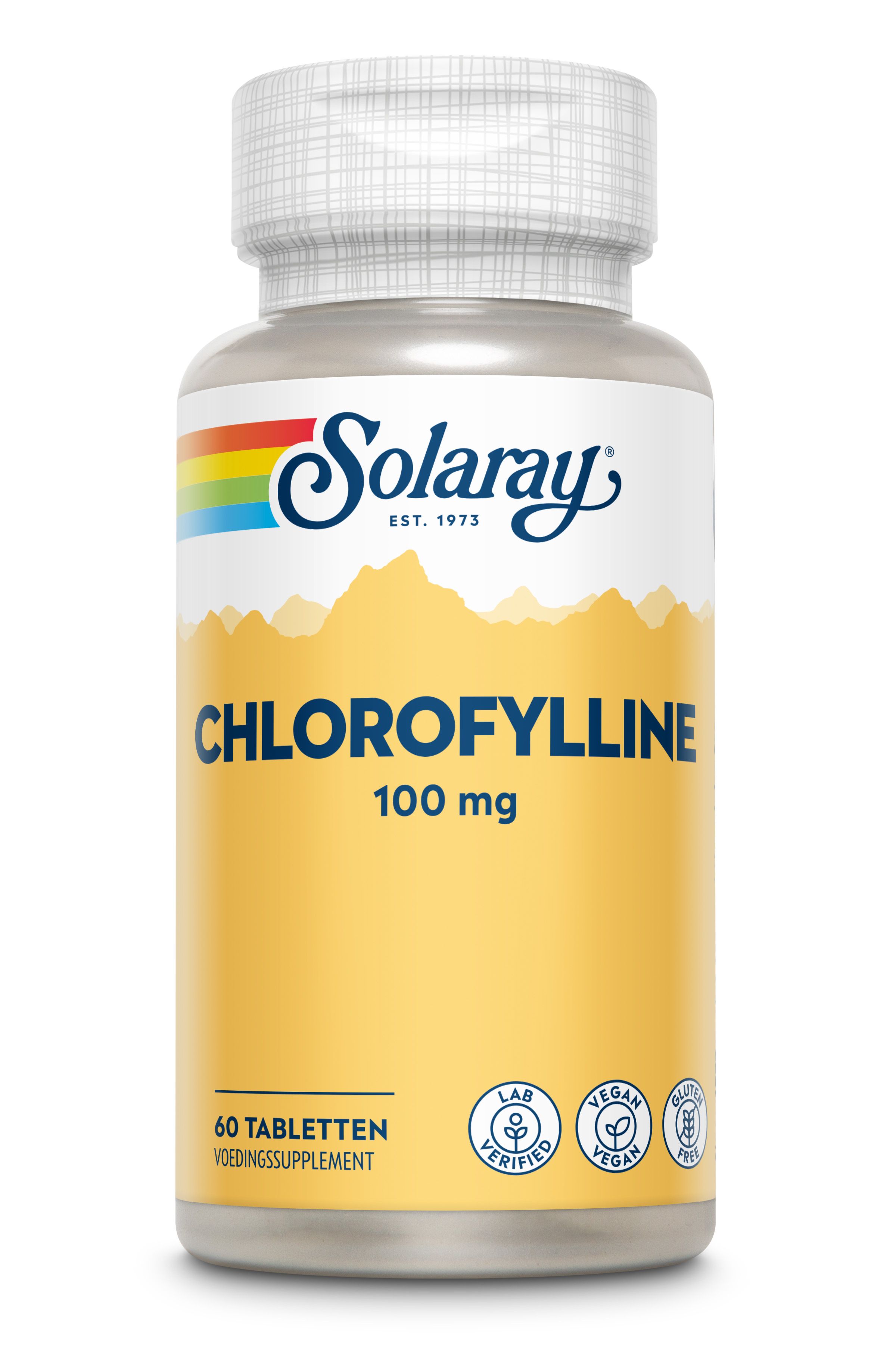 Eine Flasche Solaray Chlorophyll. Aufschrift: Chlorofylline 100 mg. 60 Tabletten. Vegan, glutenfrei, Laborgeprüft.