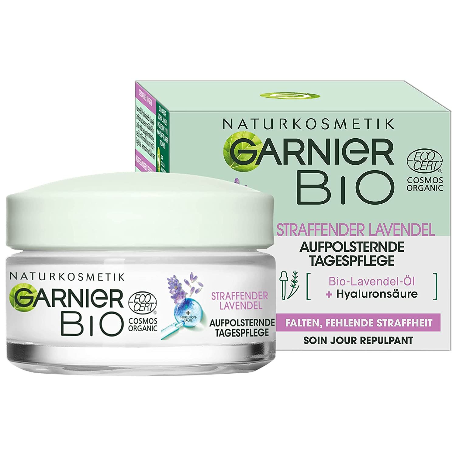 Tiegel und Verpackung von Garnier Bio Anti-Falten Feuchtigkeitspflege. Mit Lavendel-Öl und Hyaluronsäure. Cosmos Organic zertifiziert.