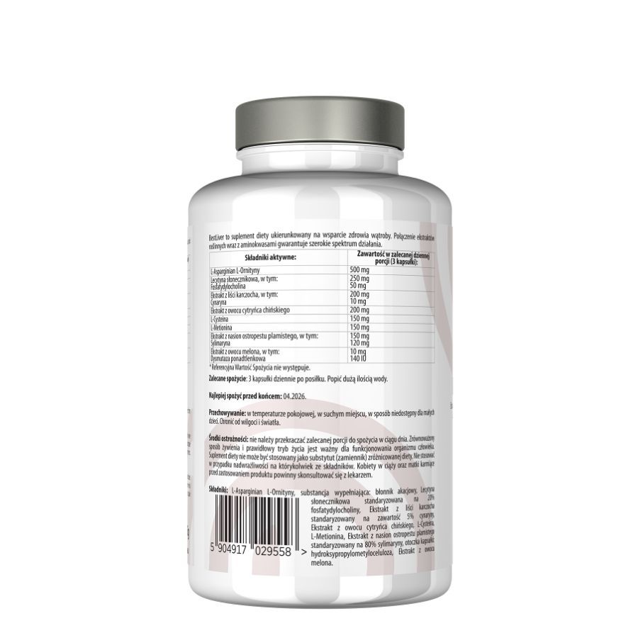 Rückseite der weißen Flasche. Enthält Informationen zu Inhaltsstoffen, Dosierung und Warnhinweisen. Text in polnischer Sprache.