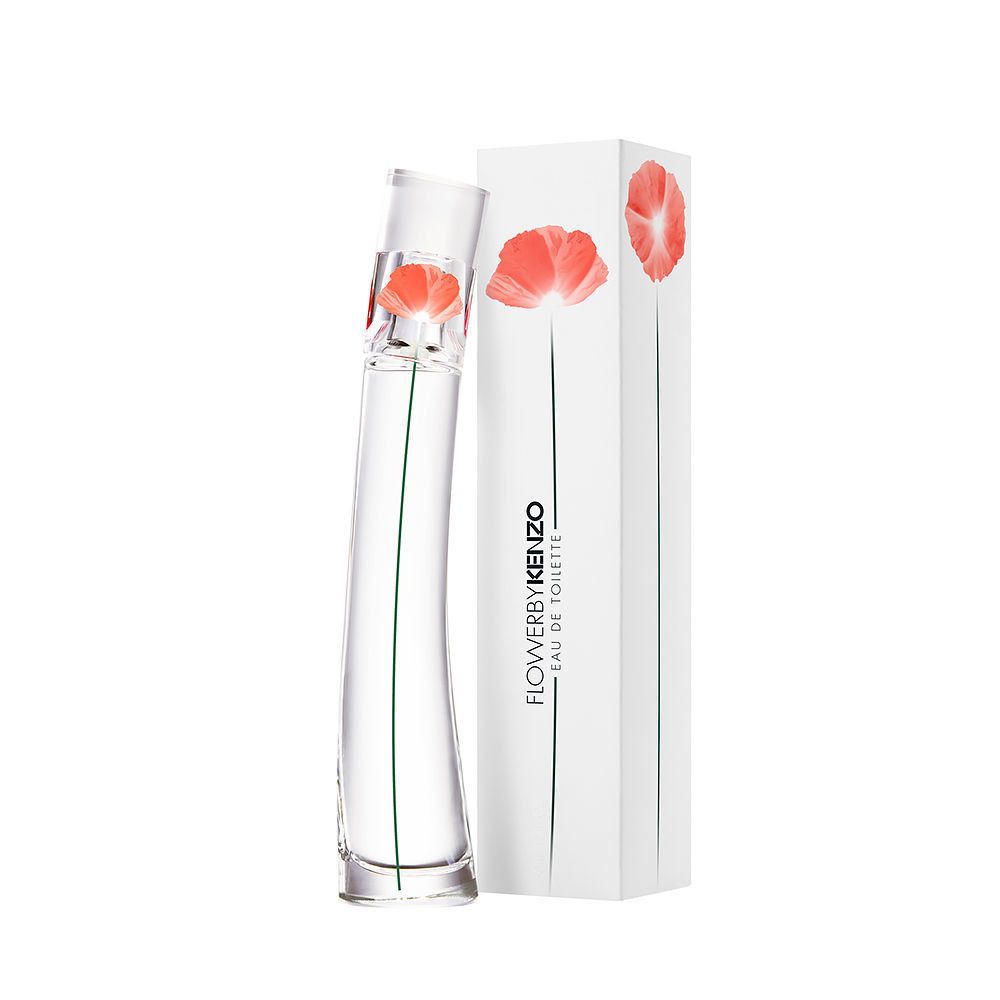 Eine transparente Flasche mit roter Blume und weißer Verpackung. Auf der Verpackung steht "FLOWERBYKENZO".