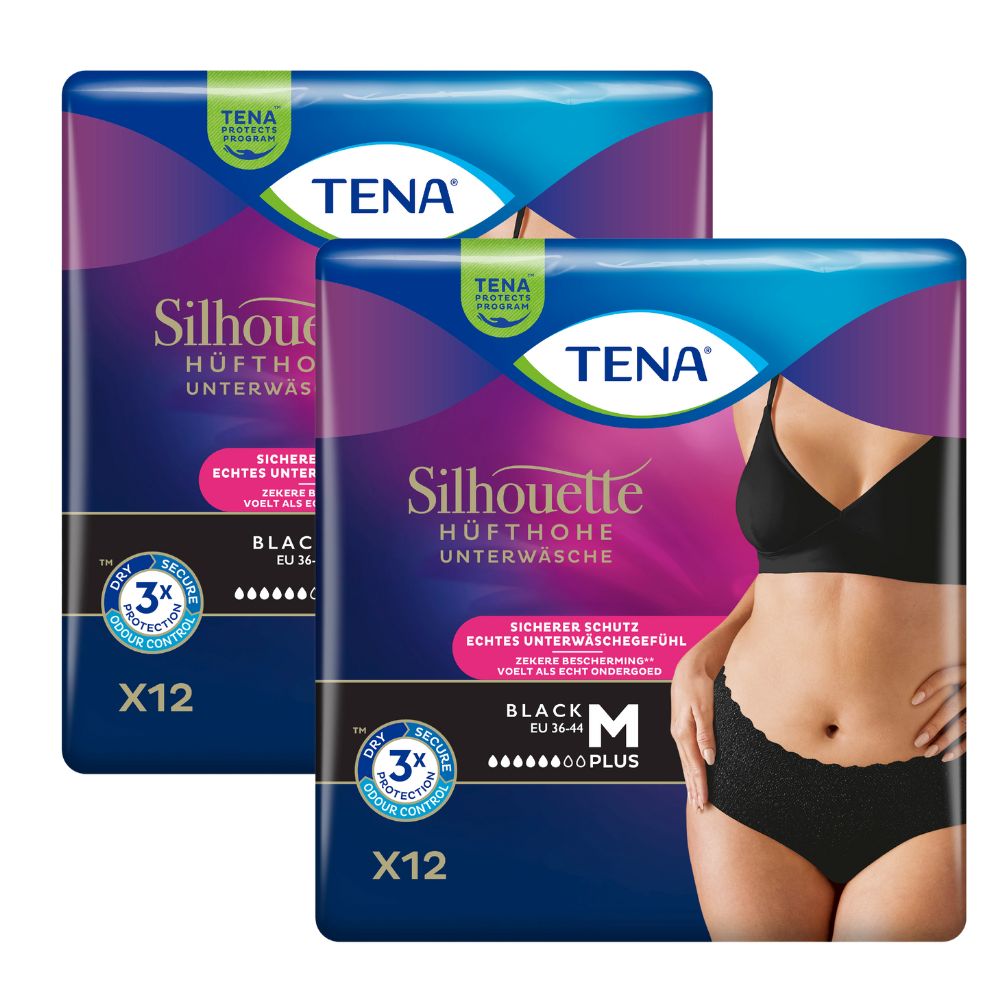 Zwei Packungen TENA Silhouette Plus Unterwäsche. Schwarze Unterwäsche, Hüfthöhe. Verpackung mit Produktabbildung.